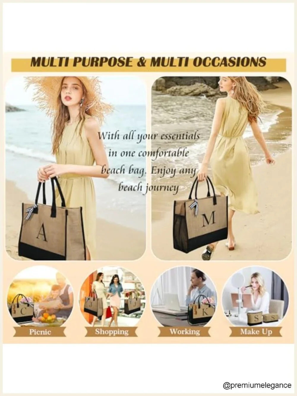 Initial Jute Tote Bag with 2 Makeup Bags - Personalized Beach Bag Set